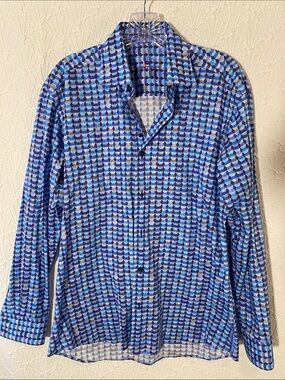 Bertigo Blue Geometric Long Sleeve Button-Up Shirt 100% Cotton Traditional